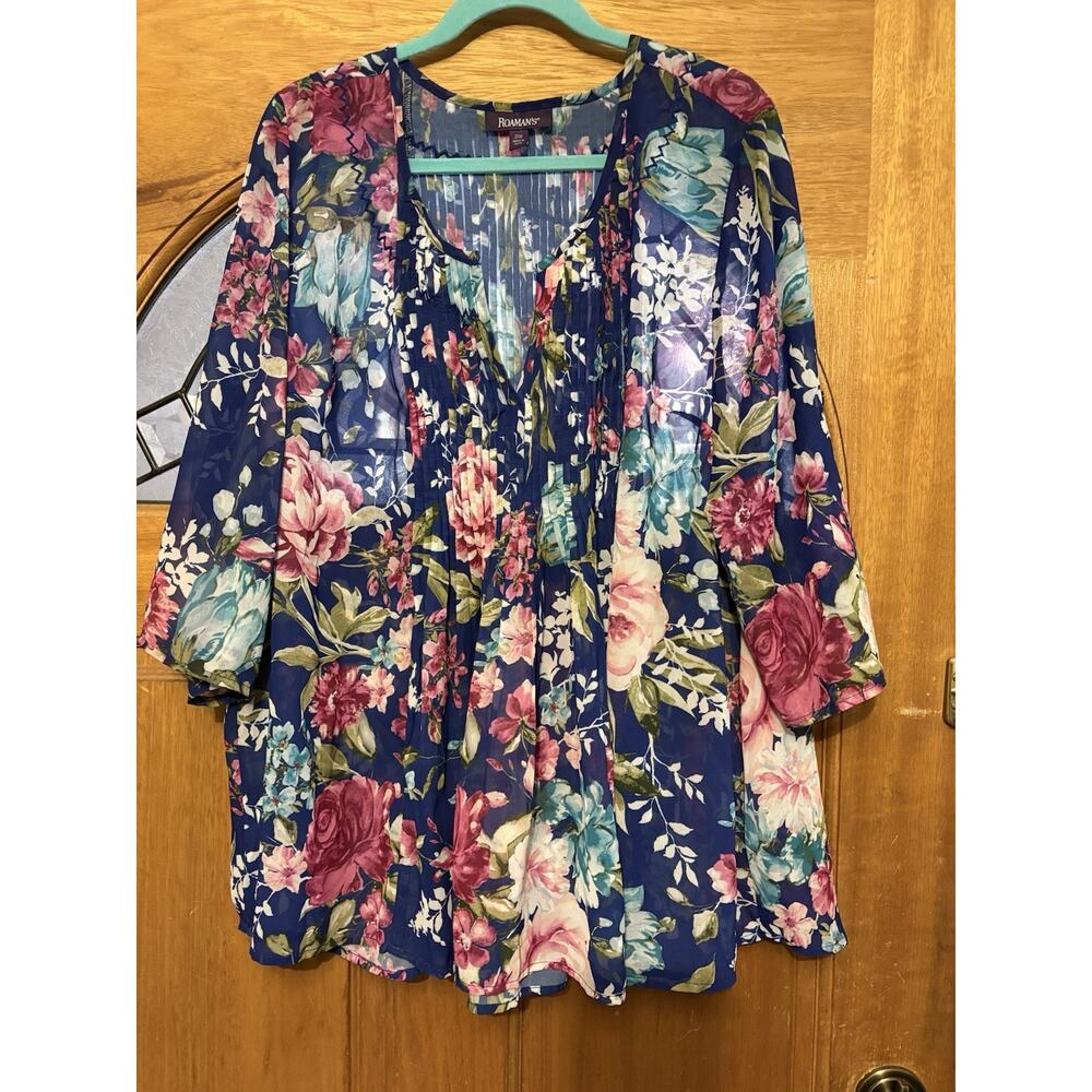 Roaman’s Blue Floral Sheer Blouse Top 22W Pleat Detail V-Neck Tunic Length